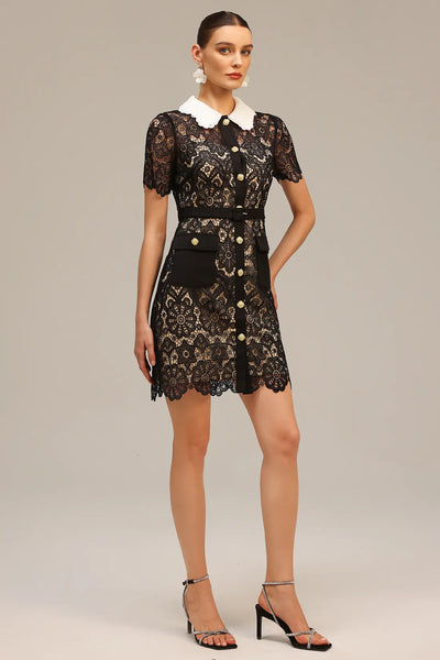 Kassy Yaka Kısa Kollu Dantel Mini Elbise