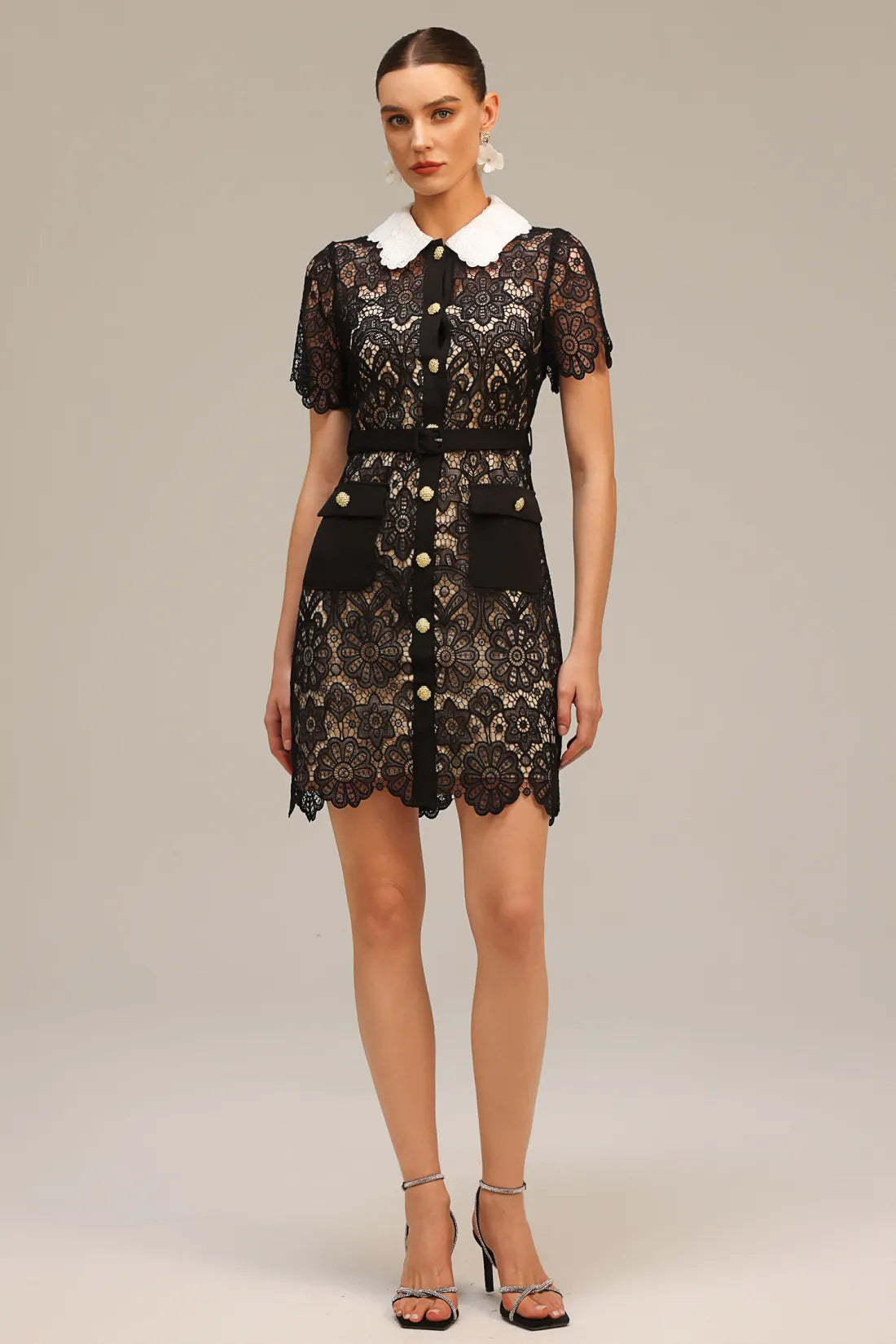 Kassy Yaka Kısa Kollu Dantel Mini Elbise