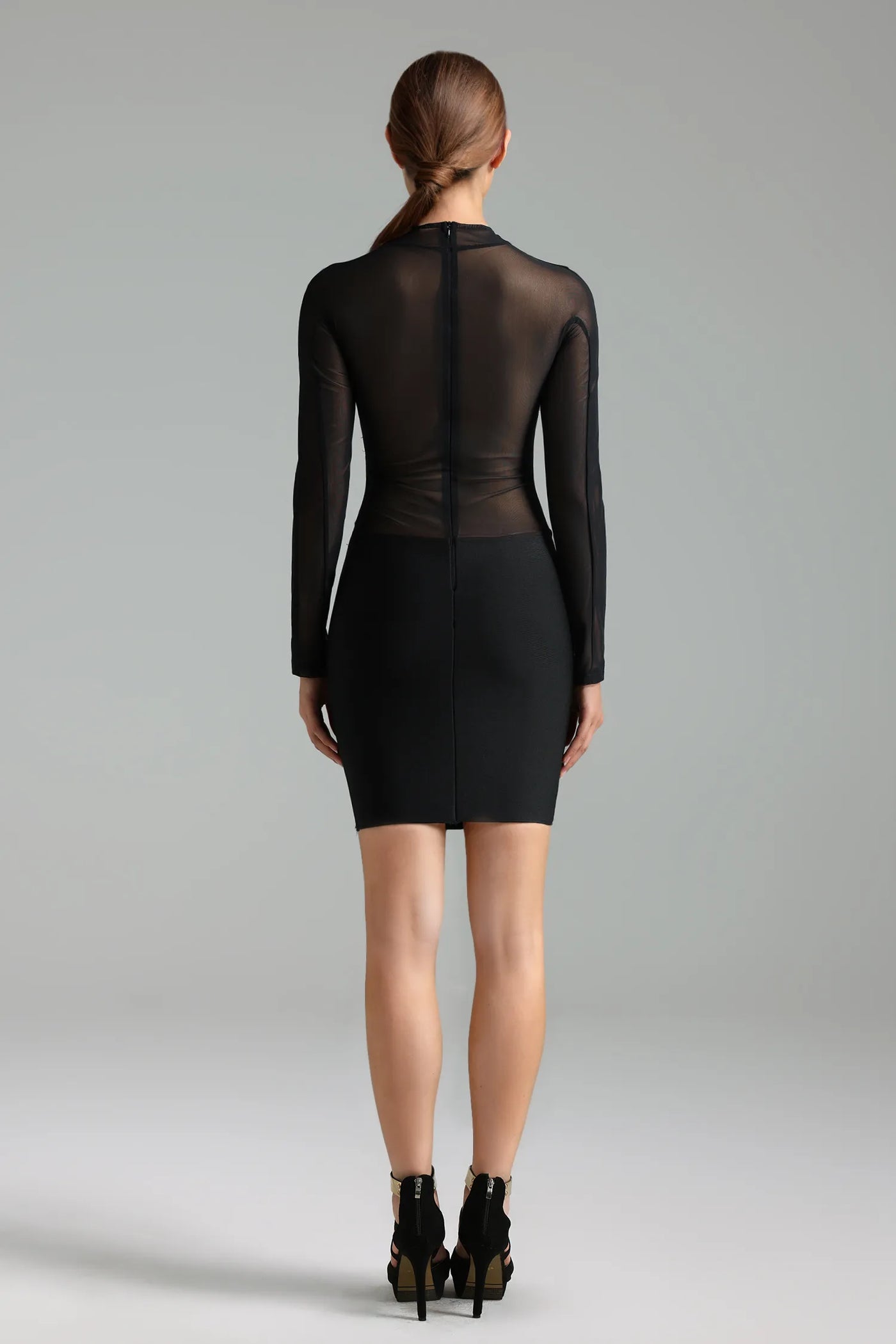 Uzun Kollu Esnek File Bandaj Mini Elbise