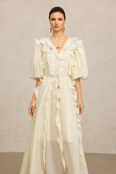 Wika Dirsek Kollu Kıvrımlı Bej Uzun Elbise