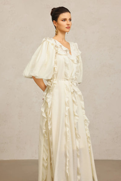 Wika Dirsek Kollu Kıvrımlı Bej Uzun Elbise