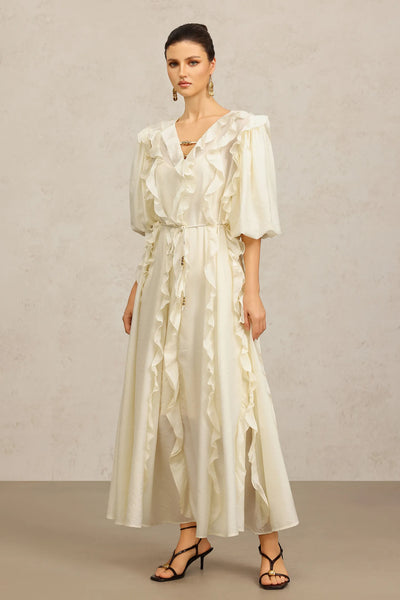 Wika Dirsek Kollu Kıvrımlı Bej Uzun Elbise