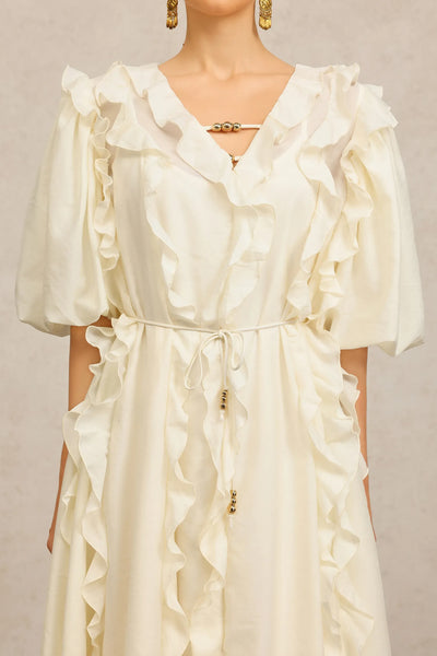 Wika Dirsek Kollu Kıvrımlı Bej Uzun Elbise