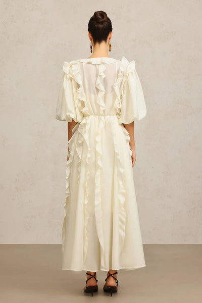 Wika Dirsek Kollu Kıvrımlı Bej Uzun Elbise