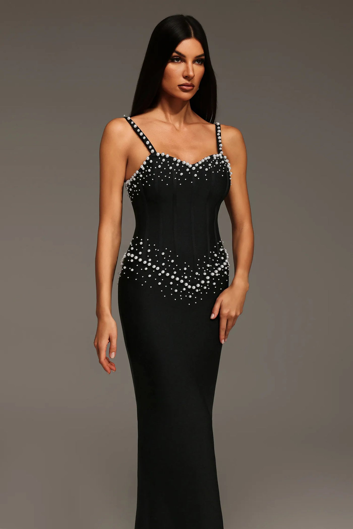 Myla Kolsuz V Yaka Elmas İnci Bandaj Uzun Elbise