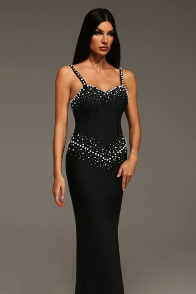 Myla Kolsuz V Yaka Elmas İnci Bandaj Uzun Elbise