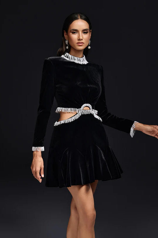Okena Saçaklı Kadife Mini Elbise
