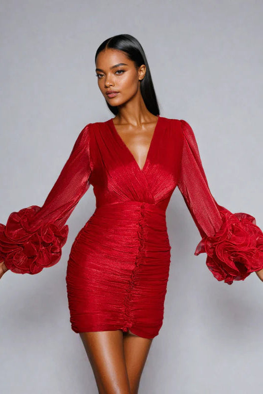 Anneline Kırmızı Büzgülü Mini Elbise