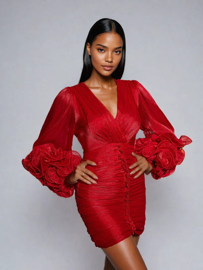 Anneline Kırmızı Büzgülü Mini Elbise