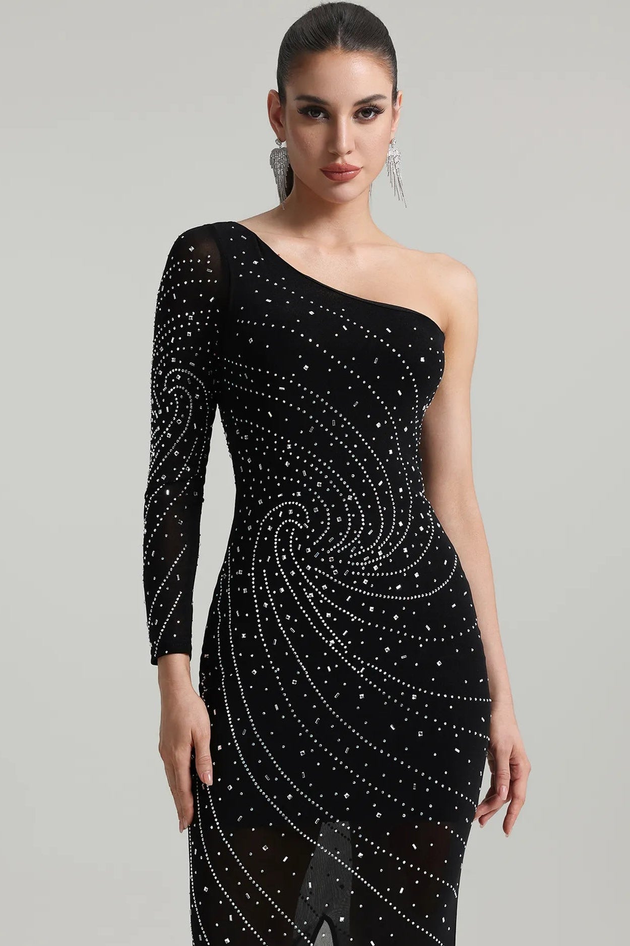 Hlasa Tek Omuzlu Taşlı Midi Elbise