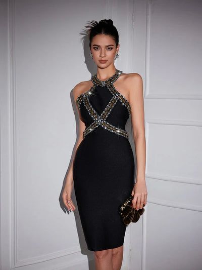 Halter Yaka Taşlı Bandaj Midi Elbise