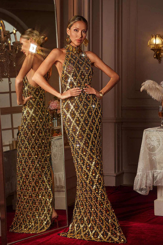 Liora Payetli Altın Kristal Uzun Elbise