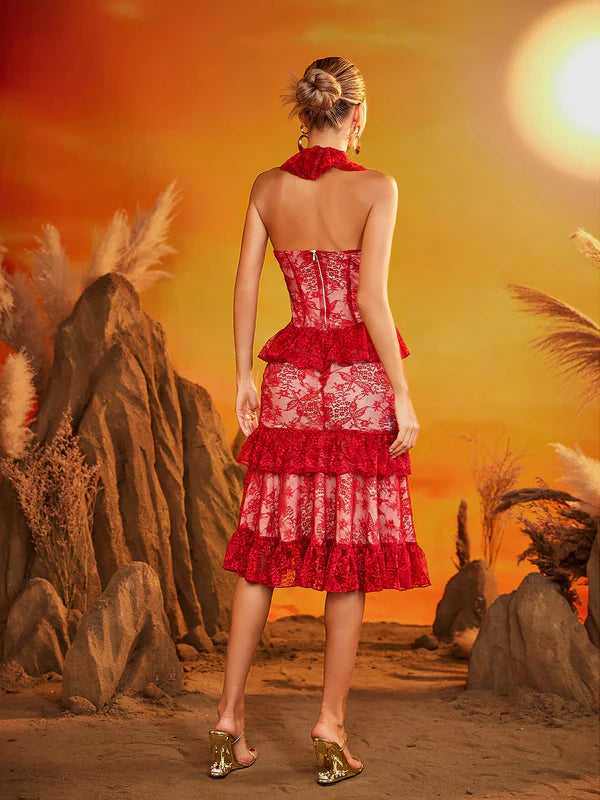 Gexor V Yaka İşlemeli Midi Elbise