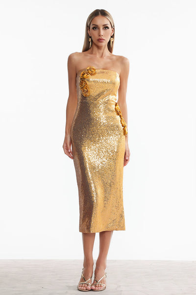 Muera Straplez Payetli Çiçekli Uzun Elbise