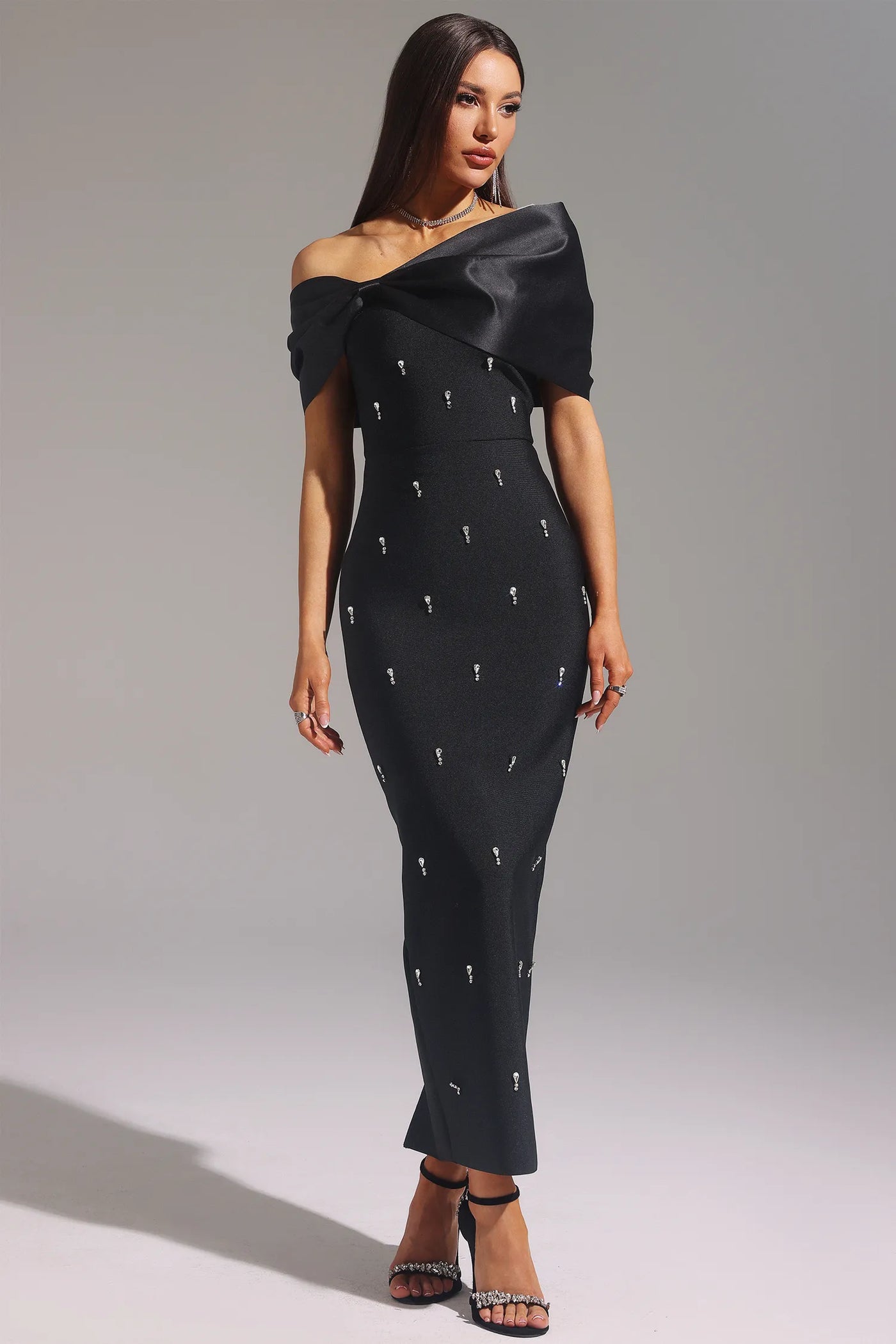 Palez Elmas Fiyonklu Bandaj Uzun Elbise