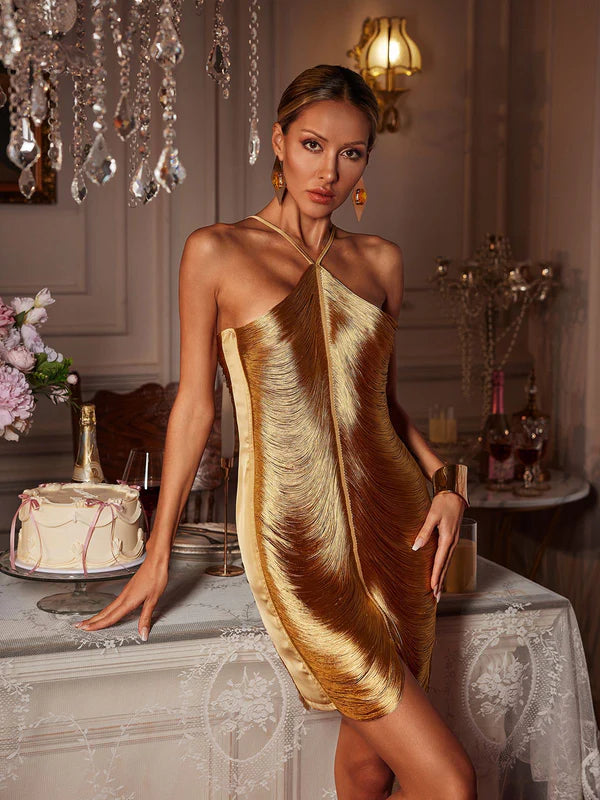 Bluma Halter Yaka Saçaklı Mini Elbise Bronz