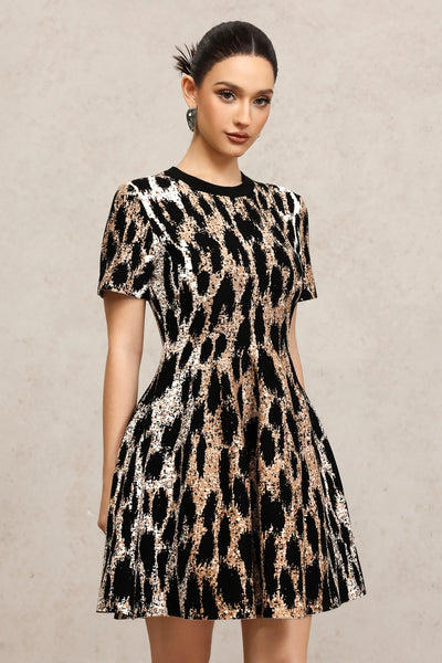 Indi Kısa Kollu Leopar Desenli Mini Elbise