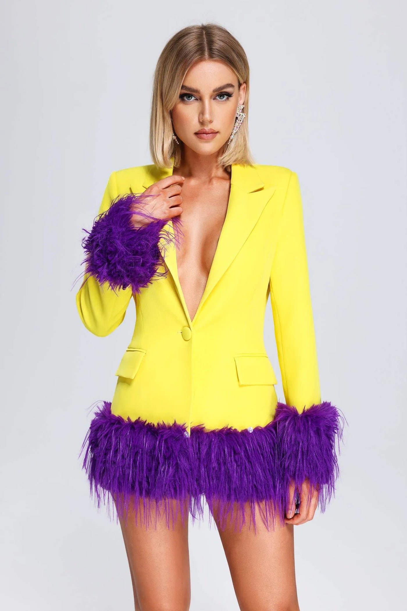 Mor Tüylü Blazer Elbise