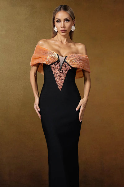 İnci Bandaj Uzun Turuncu Elbise