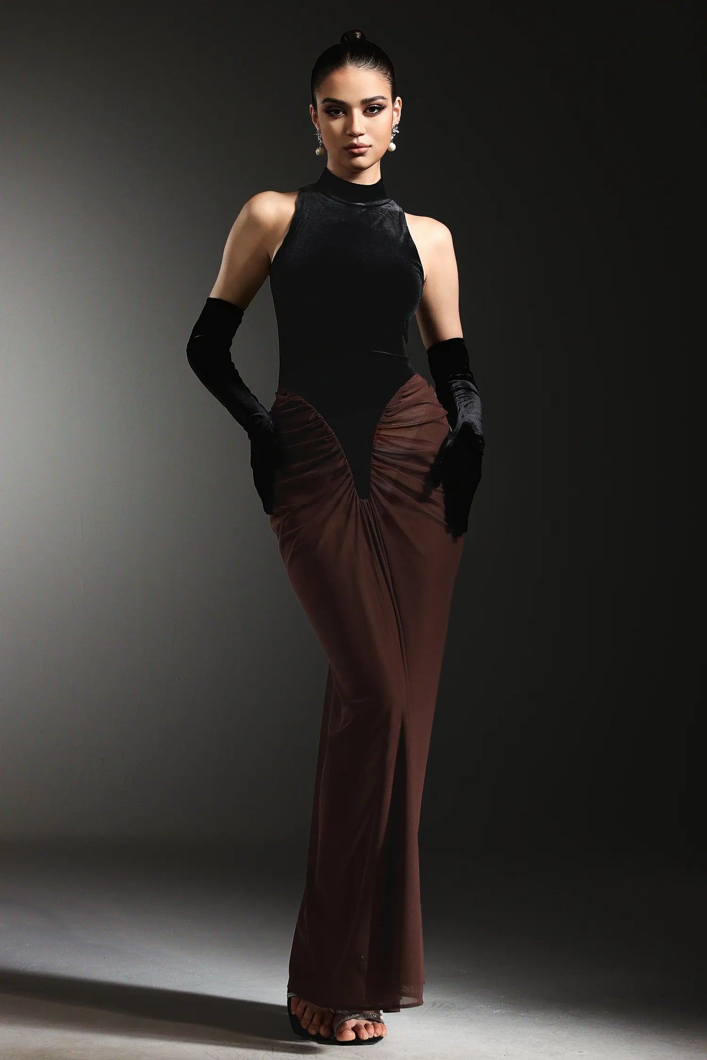 Qearl Kolsuz Kırışık Kollu Uzun Elbise