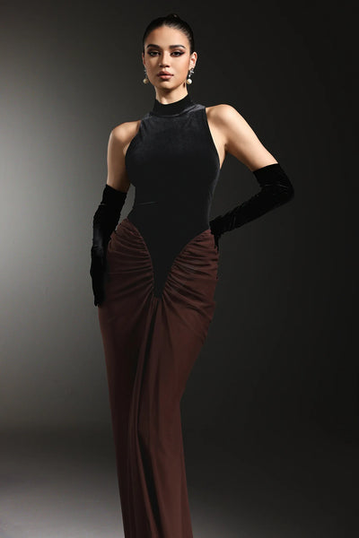 Qearl Kolsuz Kırışık Kollu Uzun Elbise