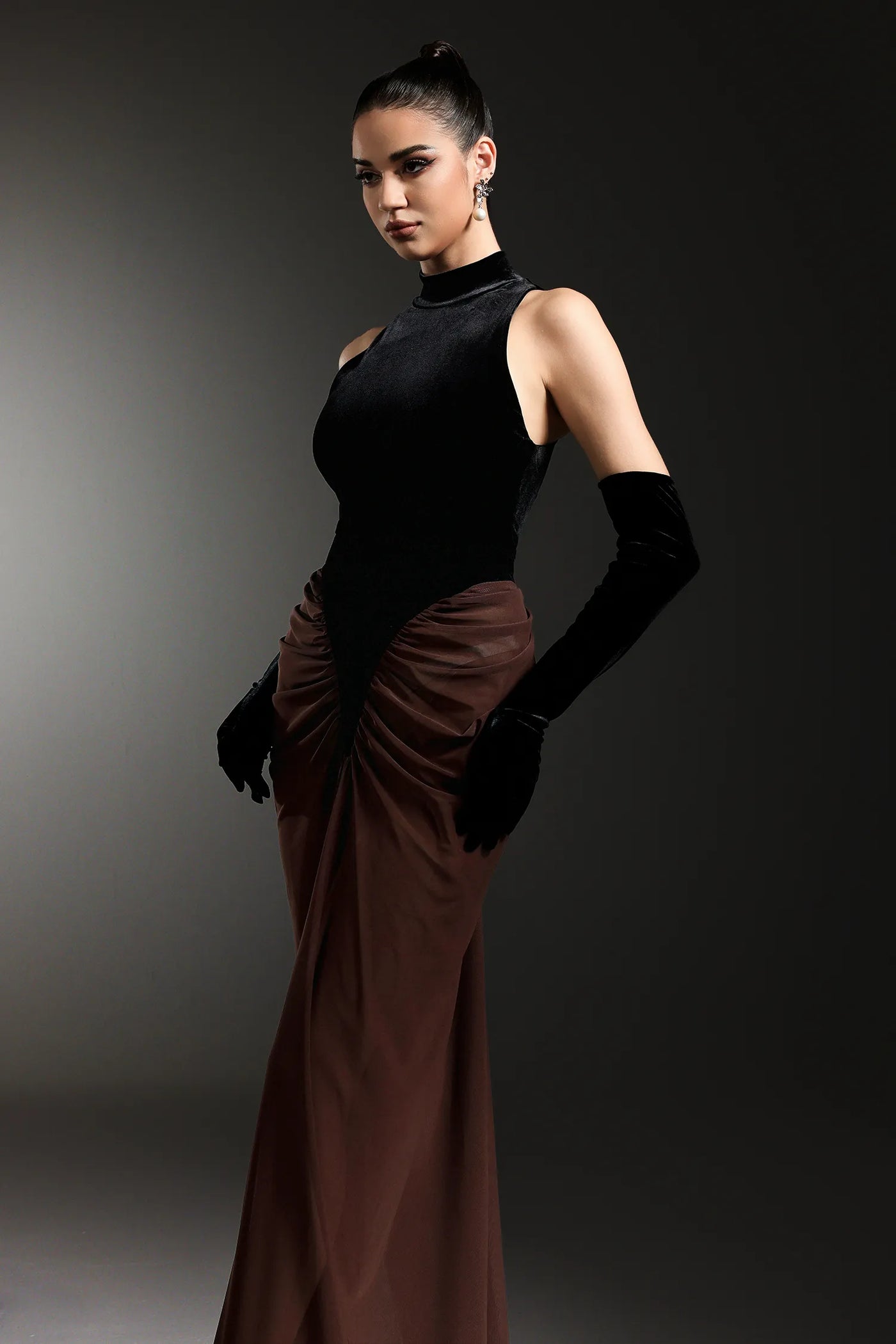 Qearl Kolsuz Kırışık Kollu Uzun Elbise