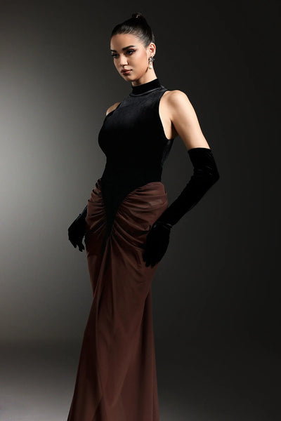 Qearl Kolsuz Kırışık Kollu Uzun Elbise