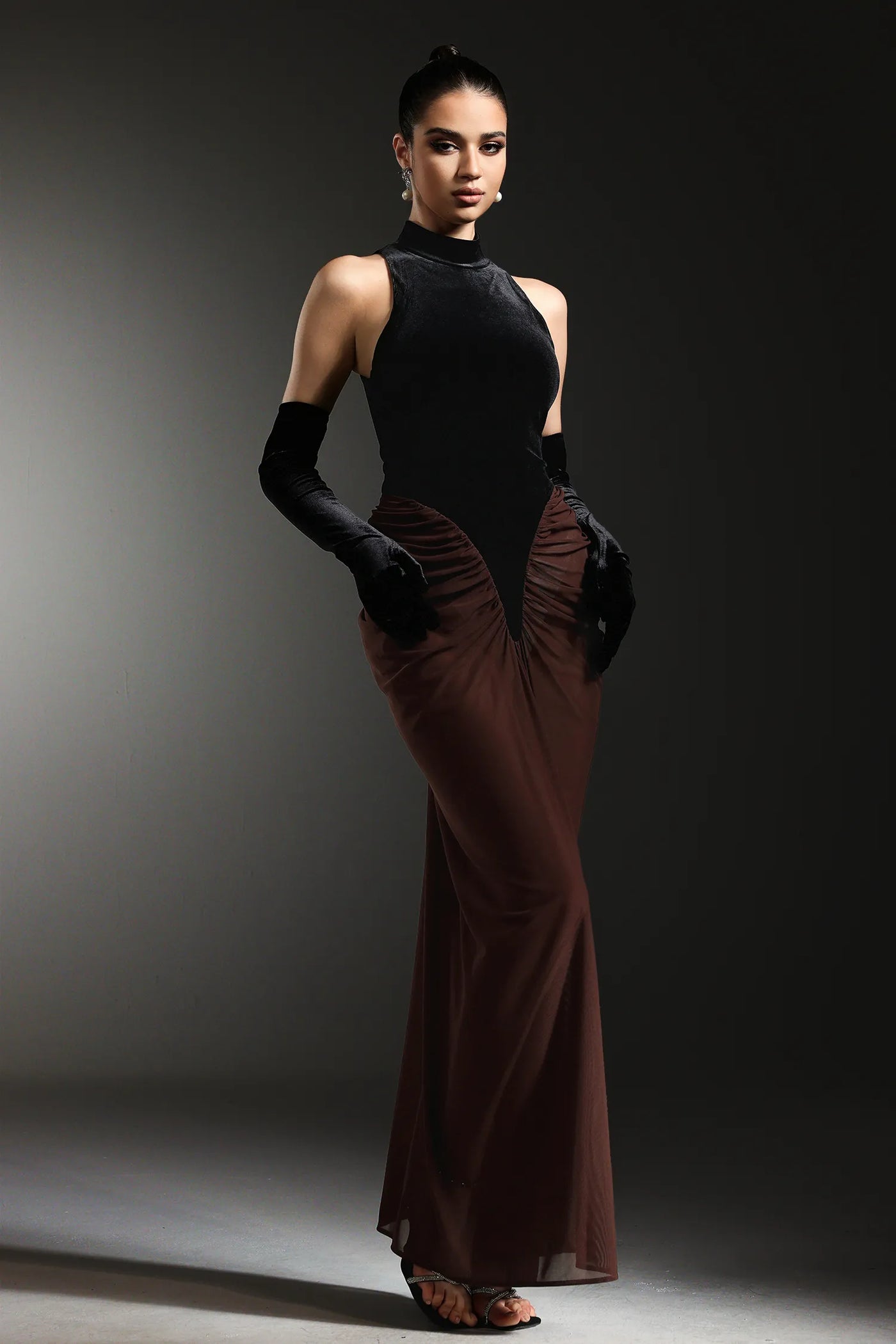 Qearl Kolsuz Kırışık Kollu Uzun Elbise