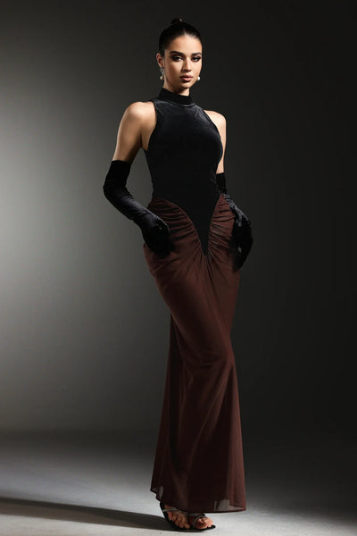 Qearl Kolsuz Kırışık Kollu Uzun Elbise