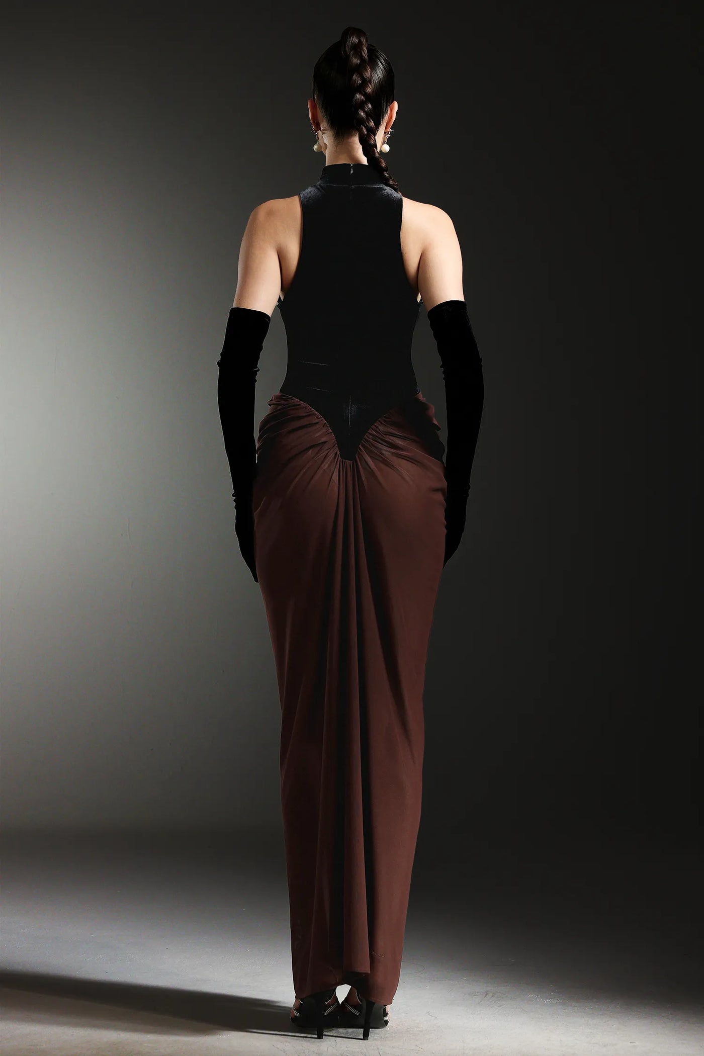 Qearl Kolsuz Kırışık Kollu Uzun Elbise