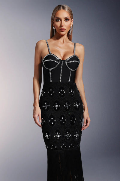 Mikao Dantel Kolsuz Püsküllü Elmas Uzun Elbise