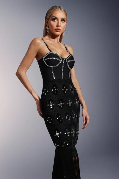 Mikao Dantel Kolsuz Püsküllü Elmas Uzun Elbise