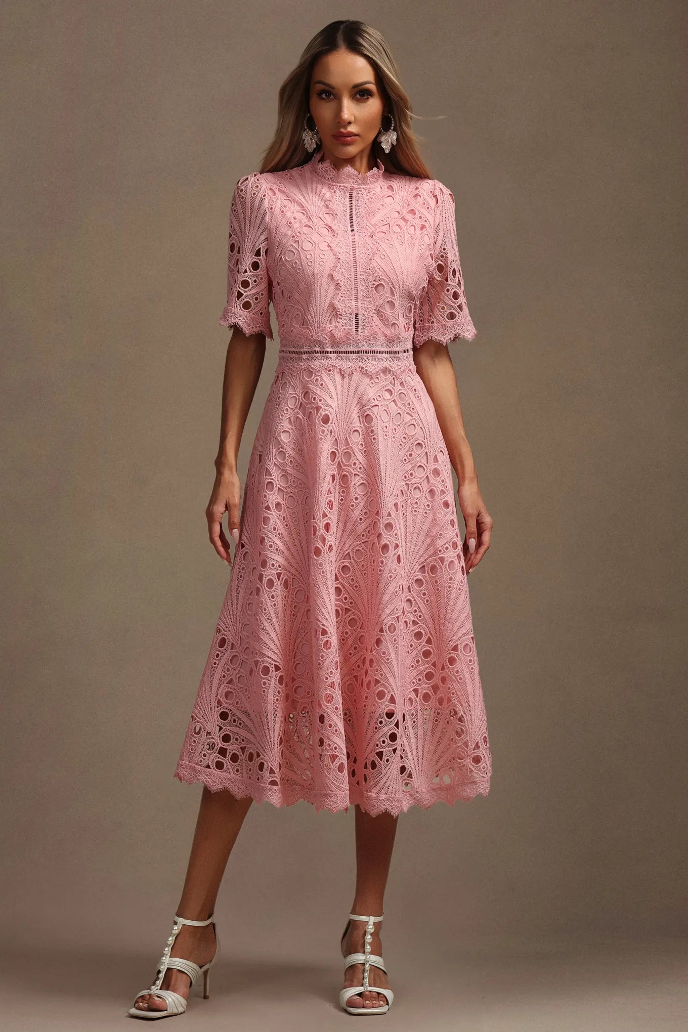 Lzada Kısa Kollu Dantelli Midi Elbise
