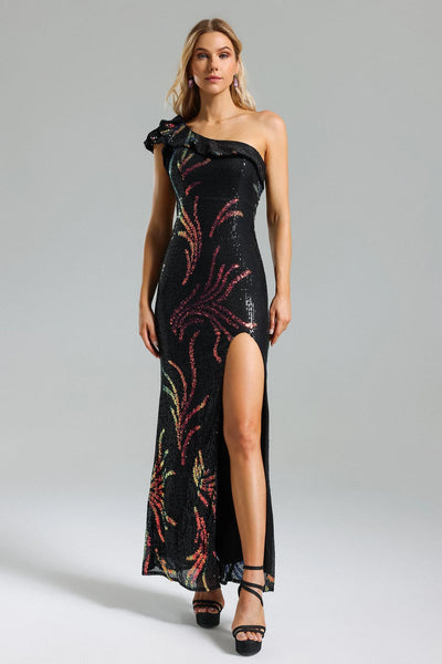 Shylynn Tek Omuz Yırtmaçlı Payetli Uzun Elbise