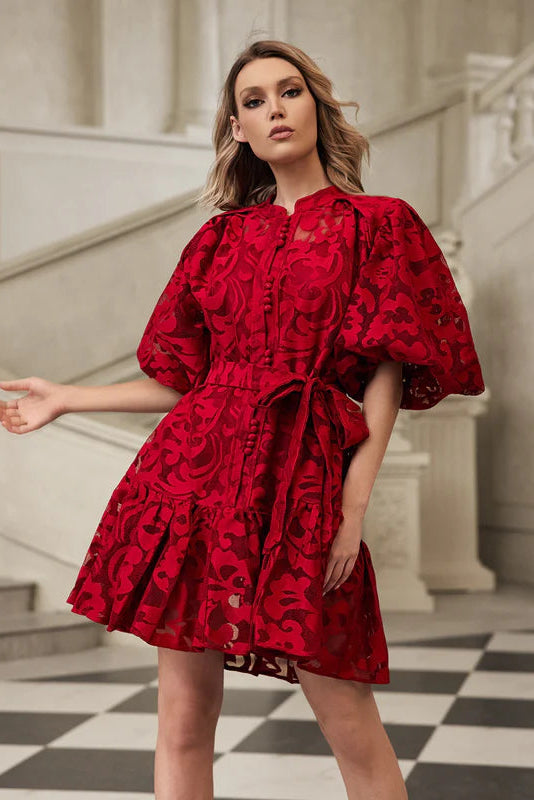 Galdris Puf Kollu Baskılı Mini Elbise