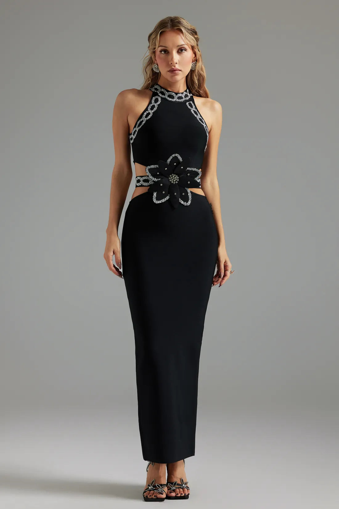 Perrine Parıltılı Kesik Bandaj Uzun Elbise