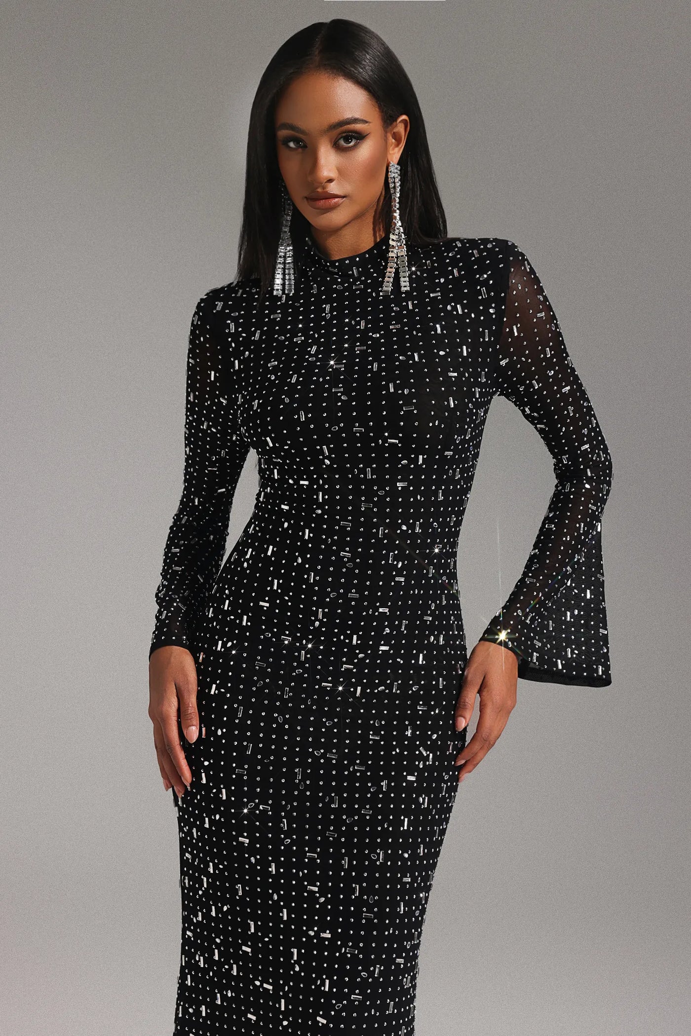 Eurien Choker Uzun Kollu Elmas Maxi Elbise