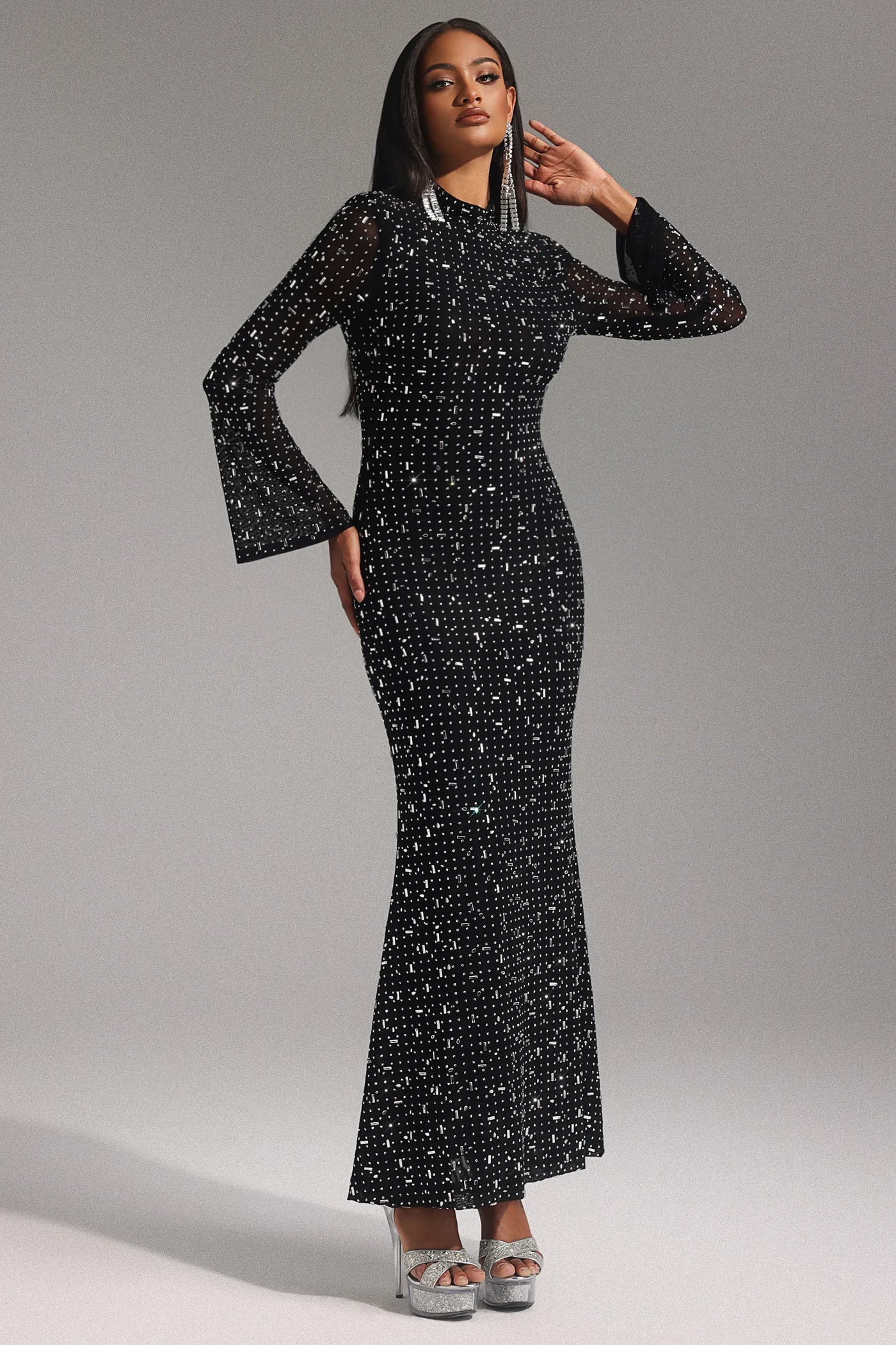 Eurien Choker Uzun Kollu Elmas Maxi Elbise