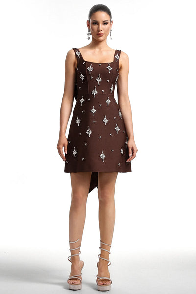 Xaver Kare Yakalı Taşlı Bandaj Uzun Elbise