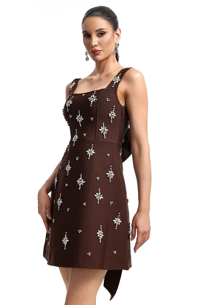 Xaver Kare Yakalı Taşlı Bandaj Uzun Elbise