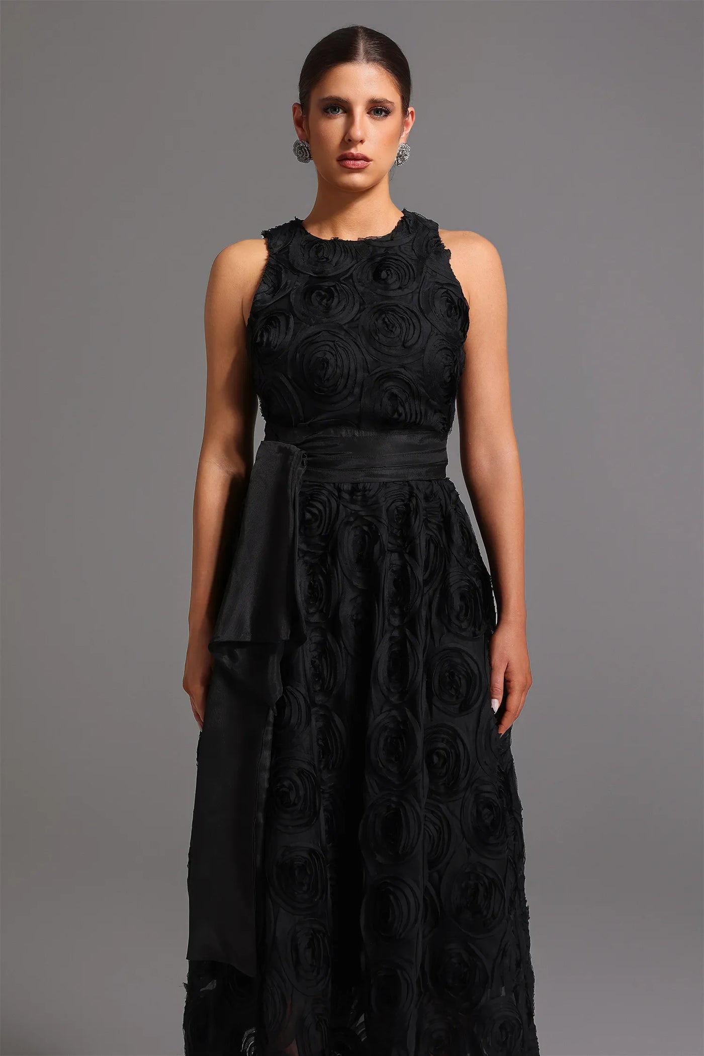 Runa Yuvarlak Yaka Çiçekli Uzun Elbise