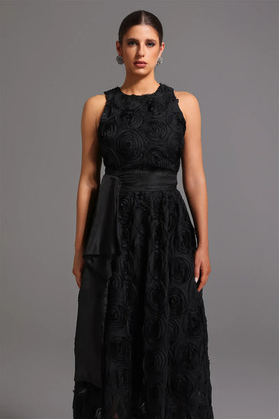 Runa Yuvarlak Yaka Çiçekli Uzun Elbise