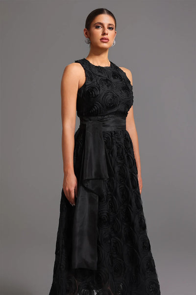 Runa Yuvarlak Yaka Çiçekli Uzun Elbise