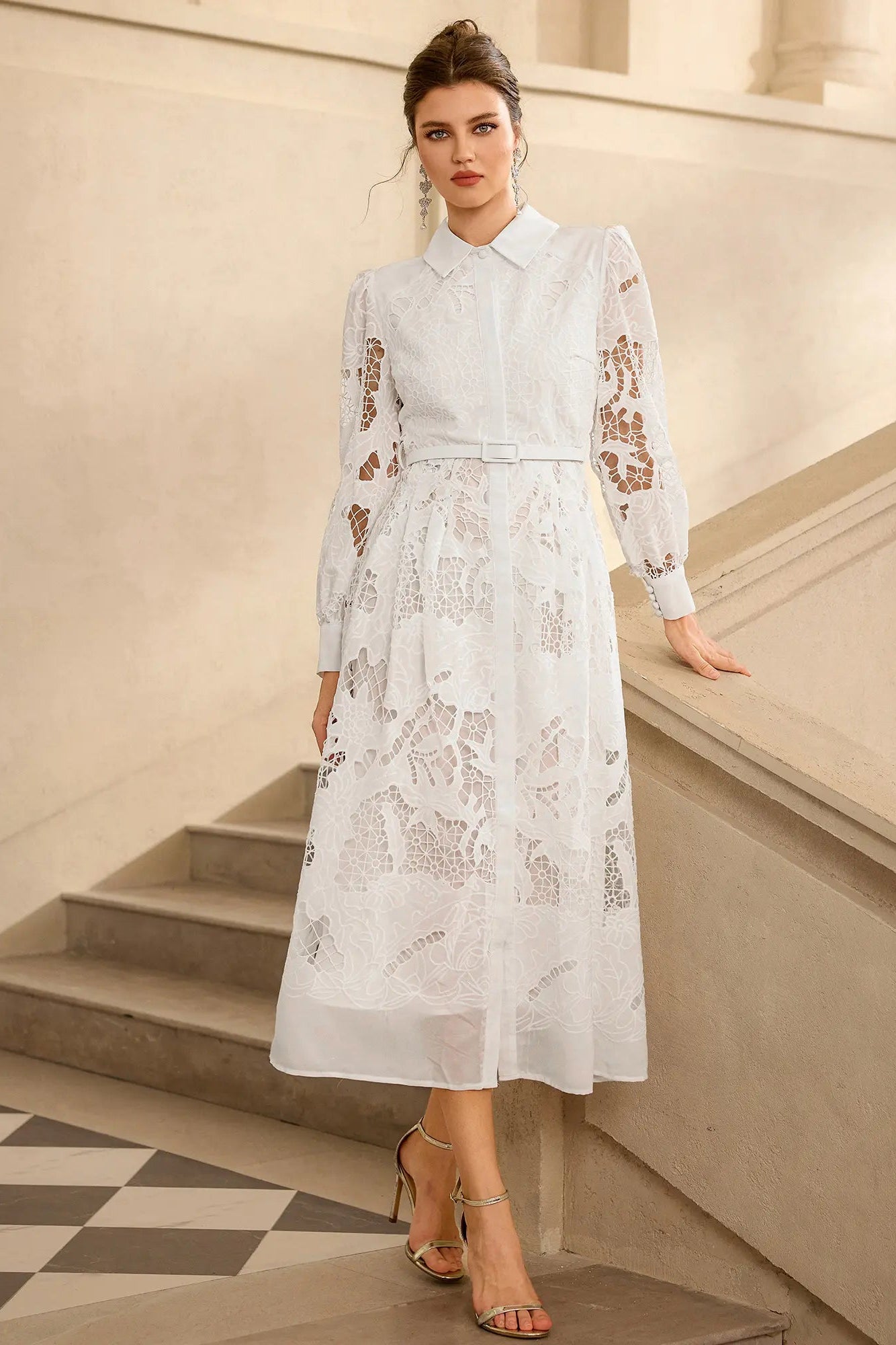 Dantelli Uzun Kollu Uzun Elbise