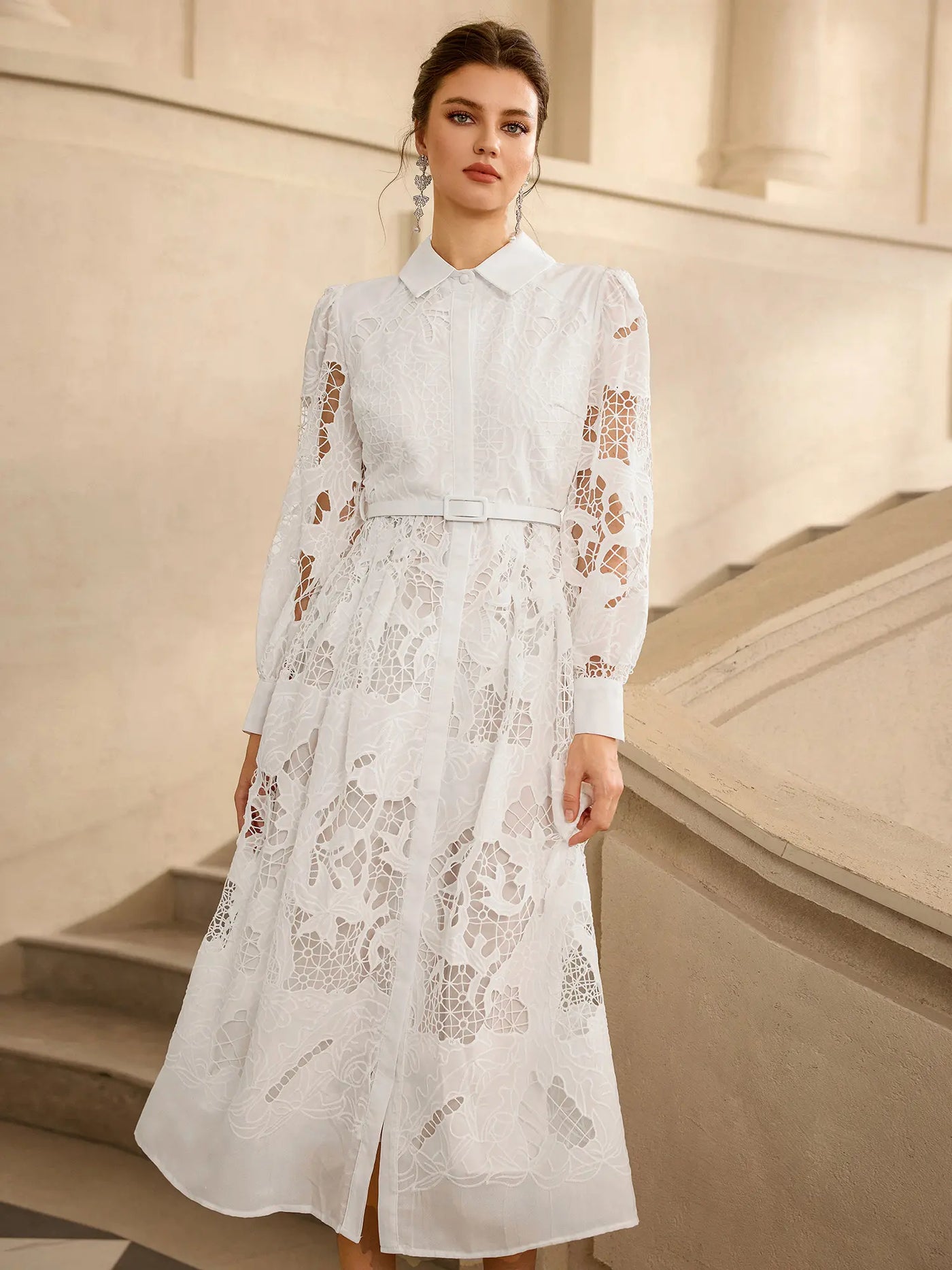 Dantelli Uzun Kollu Uzun Elbise