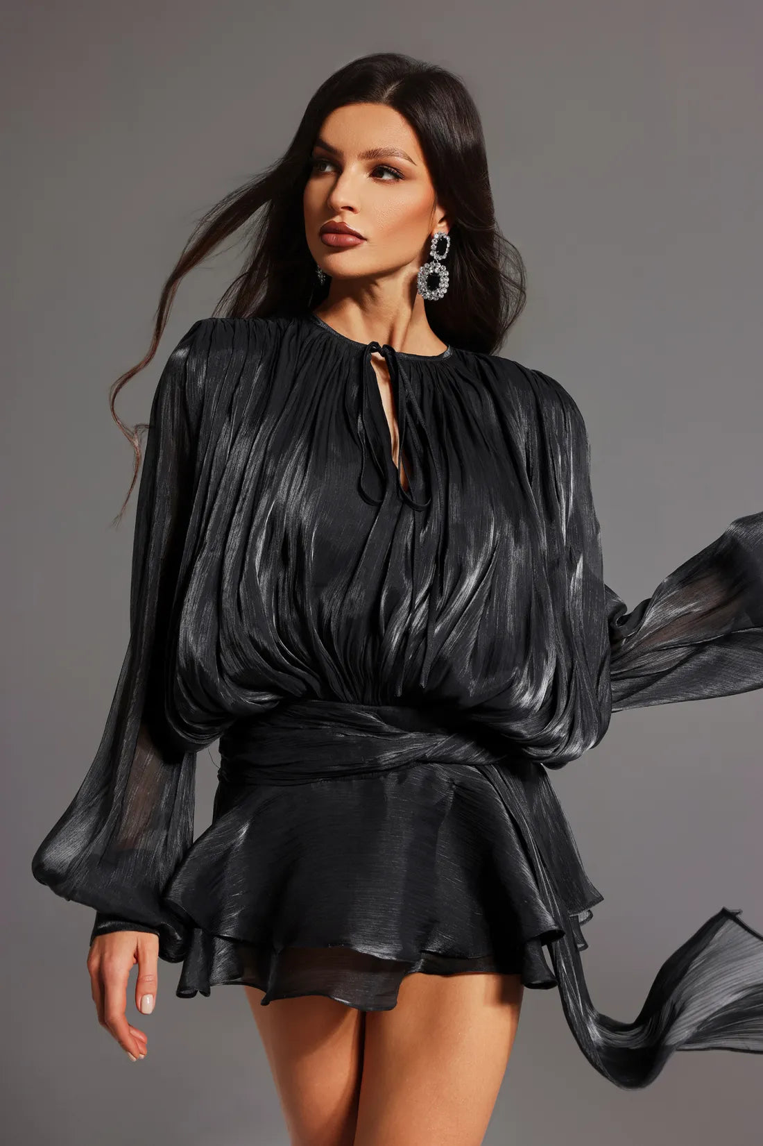 Yoland Uzun Kollu Bağcıklı Mini Elbise