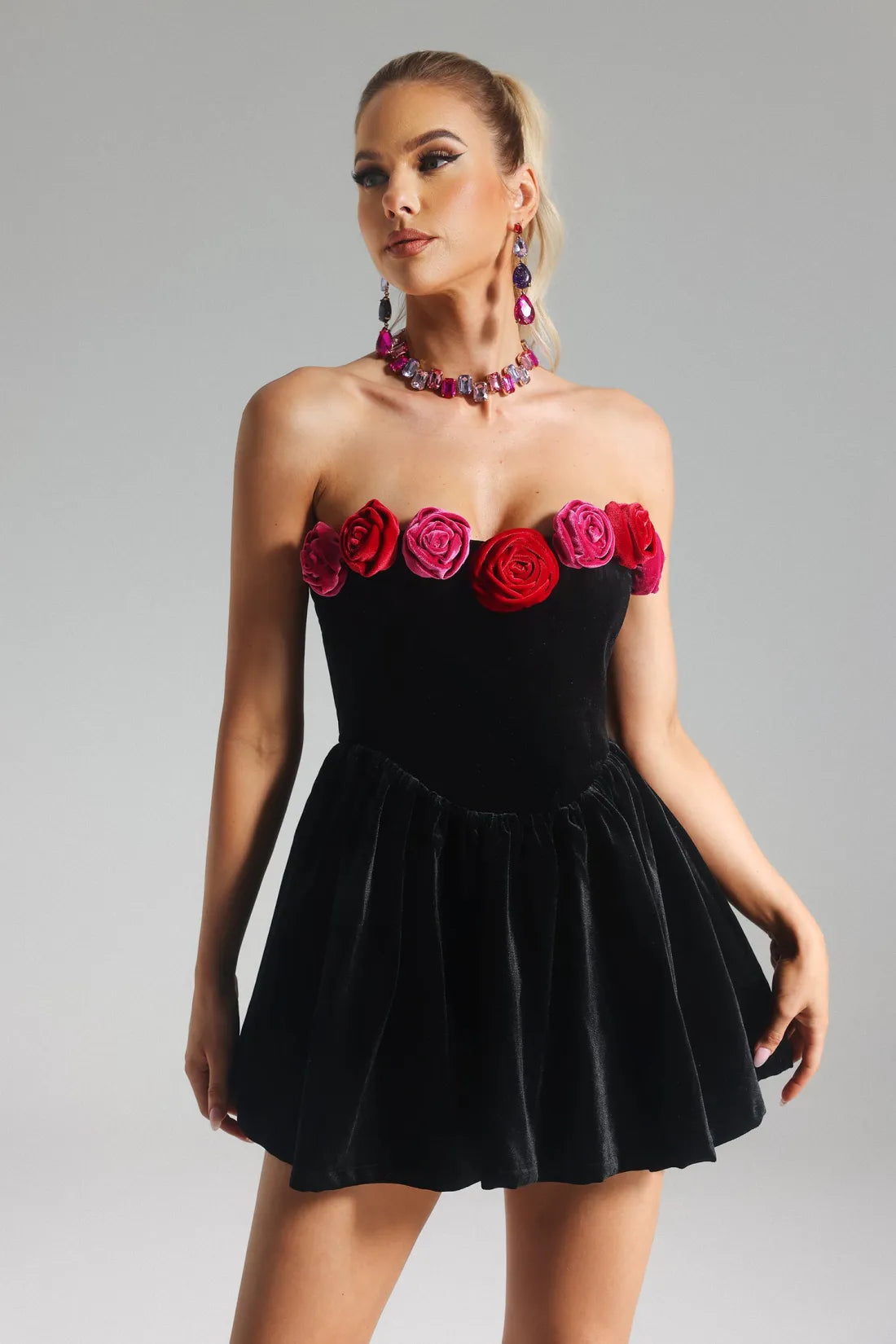 Finise Flowers Kadife Mini Elbise