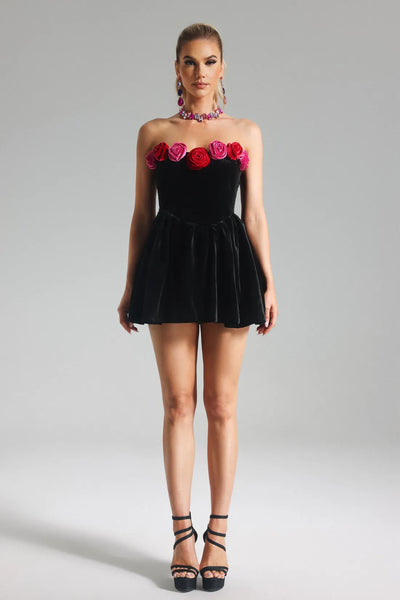 Finise Flowers Kadife Mini Elbise