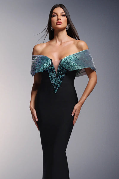 Dorie Derin V Yaka Bandaj Omuz Açık İnci Uzun Elbise