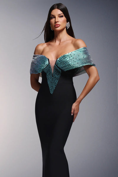 Dorie Derin V Yaka Bandaj Omuz Açık İnci Uzun Elbise